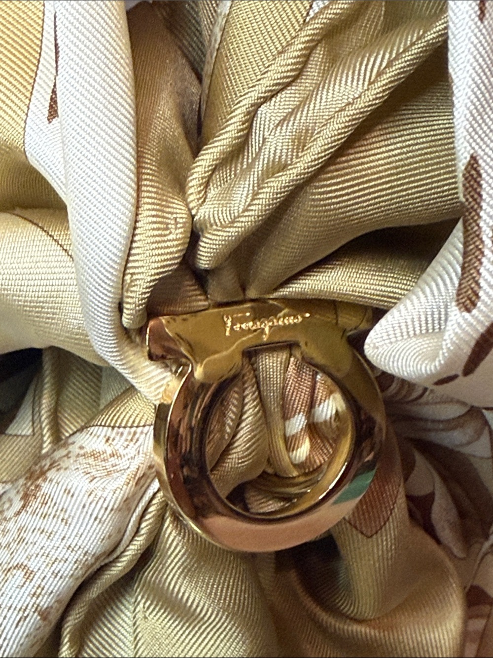 Vintage Ferragamo Silk Scarf Tan Floral Motif with Ferragamo Scarf Ring